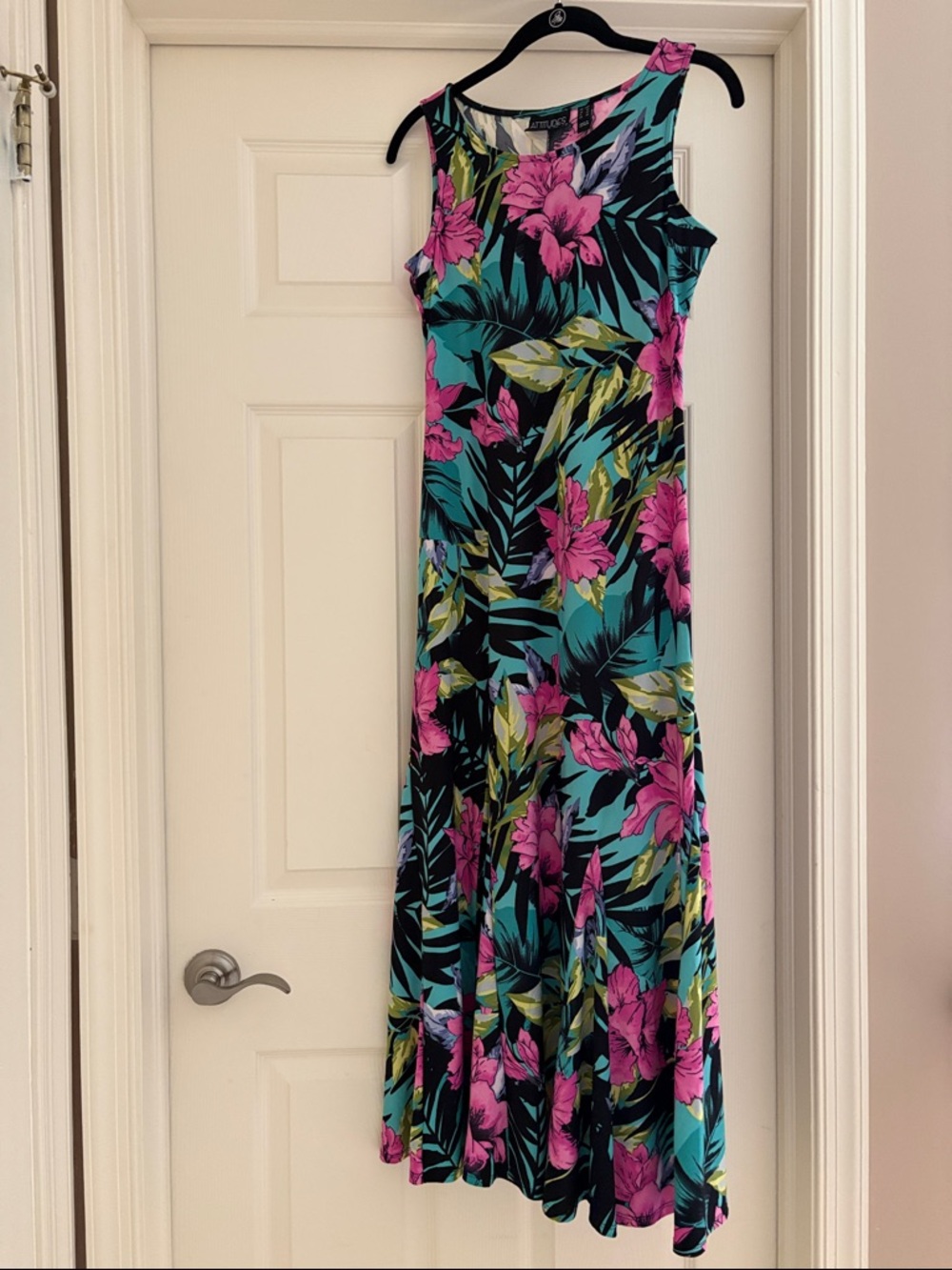 Attitudes by Renee Teal Maxi Dress with Pink Floral Print